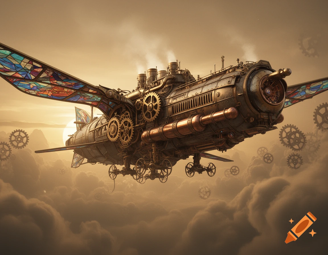Highly detailed steampunk airship with stained glass wings flying through a cloudy, golden sky filled with gears.