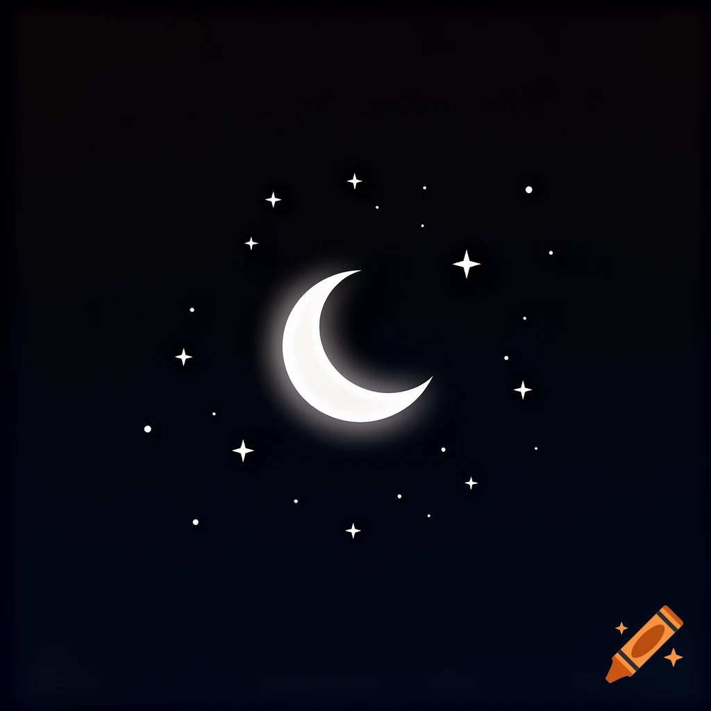 A minimalist flat vector illustration of a glowing white crescent moon surrounded by scattered white stars on a dark night sky.
