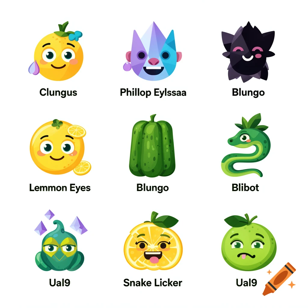 A grid of nine colorful, cartoon-style emojis, each with a name below it, including a happy orange, a purple and blue head, a black spiky creature, a smiling lemon, a green bell pepper, a green snake, a teal frog-like creature, a yellow lemon slice, and a green grumpy fruit.
