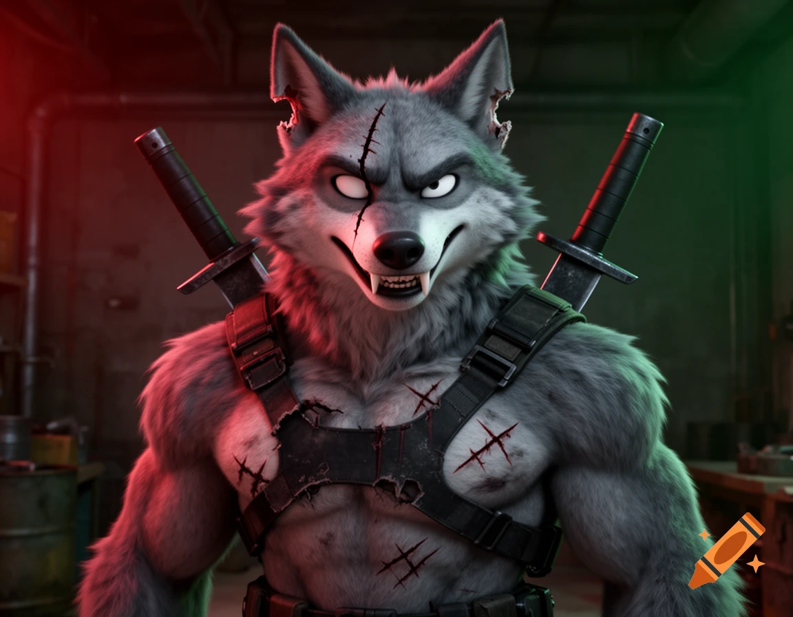 A highly detailed, cinematic 3D render of a battle-hardened anthropomorphic gray wolf with scars, a torn tactical harness, and twin machetes on his back, lit by moody red and green lights.