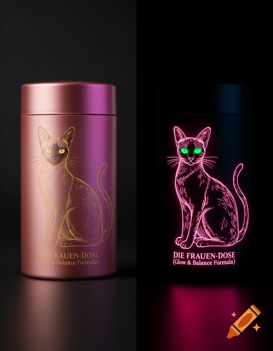 Two views of a pink and purple container with a Siamese cat illustration, one glowing neon pink with green eyes in the dark.