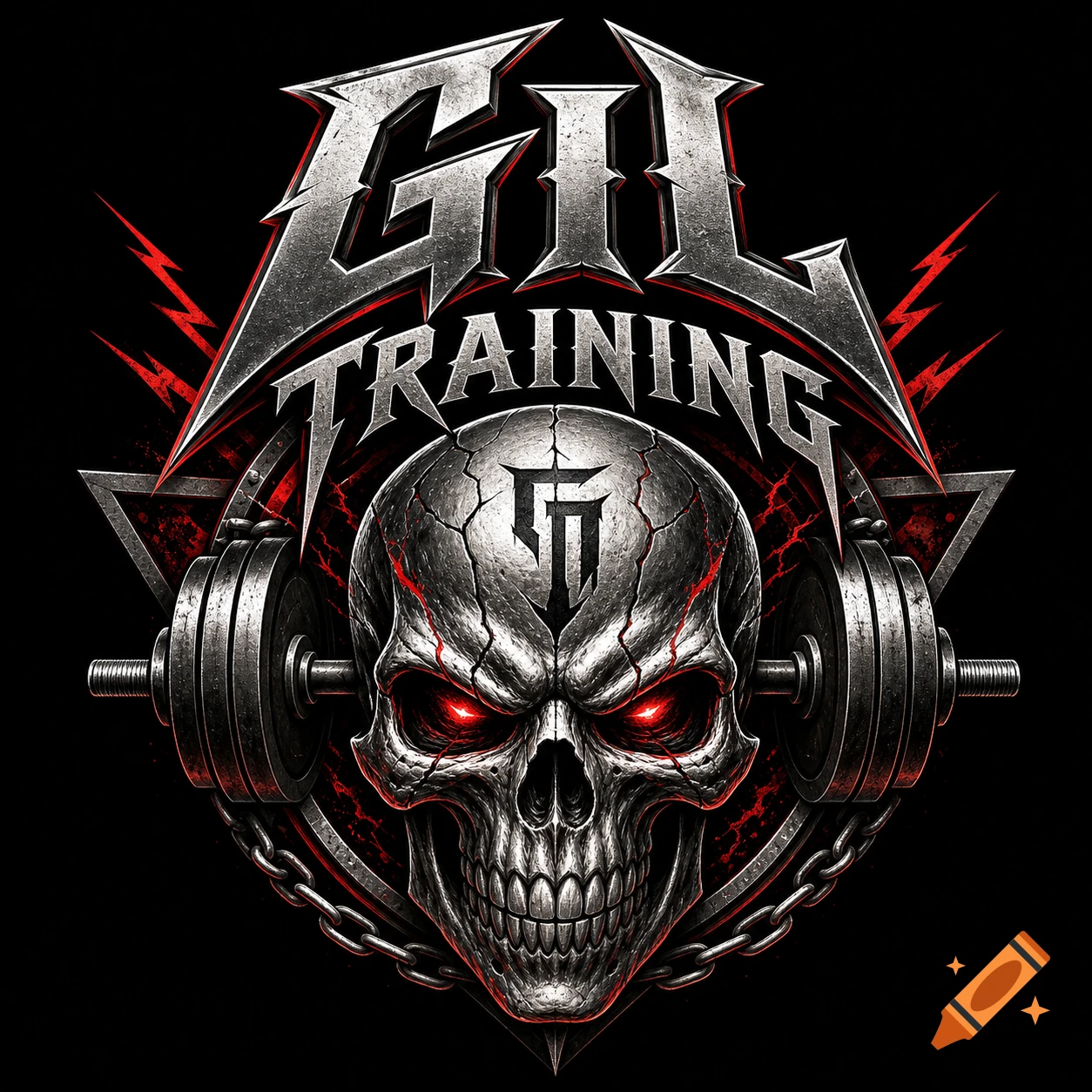 Heavy metal style logo with a cracked skull, red glowing eyes, dumbbells, and 'GIL TRAINING' text.