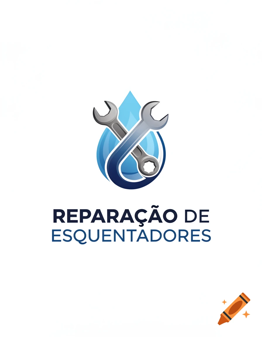 Logo for heater repair, with two crossed wrenches over a stylized blue water drop and text "REPARAÇÃO DE ESQUENTADORES".