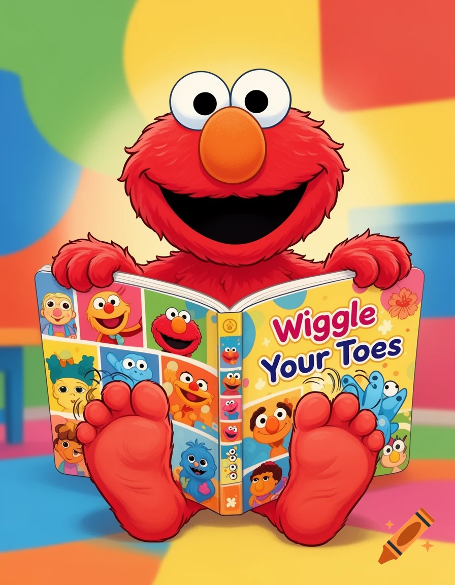 Elmo sits on a colorful floor, happily reading a children's book titled 'Wiggle Your Toes' with various Sesame Street characters.