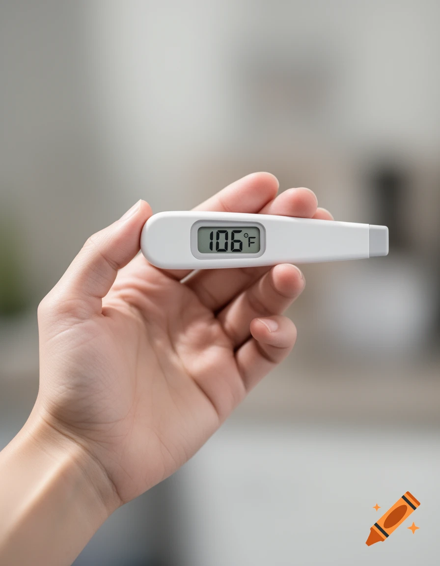 Close-up of a hand holding a white digital thermometer displaying 1060F.
