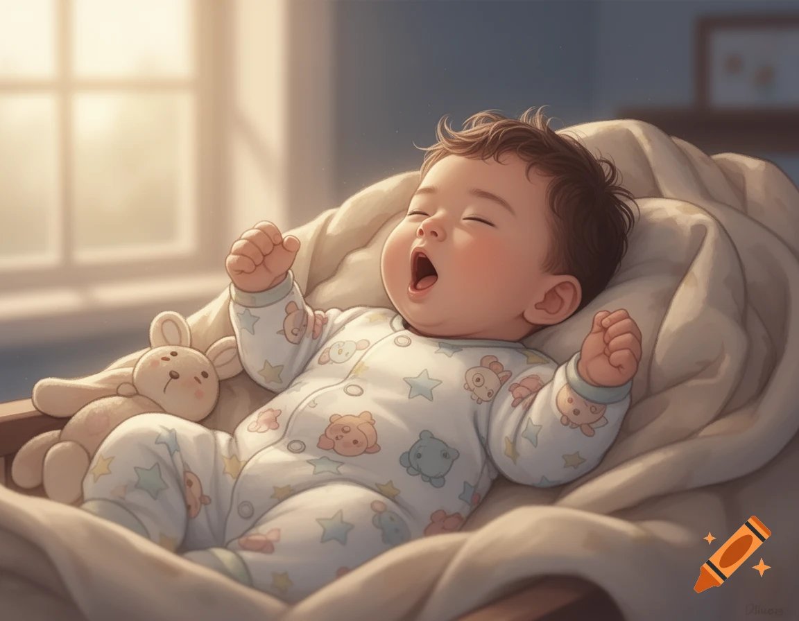 Illustrative image of a sleeping baby in a patterned onesie with a stuffed bunny, nestled in a blanket.