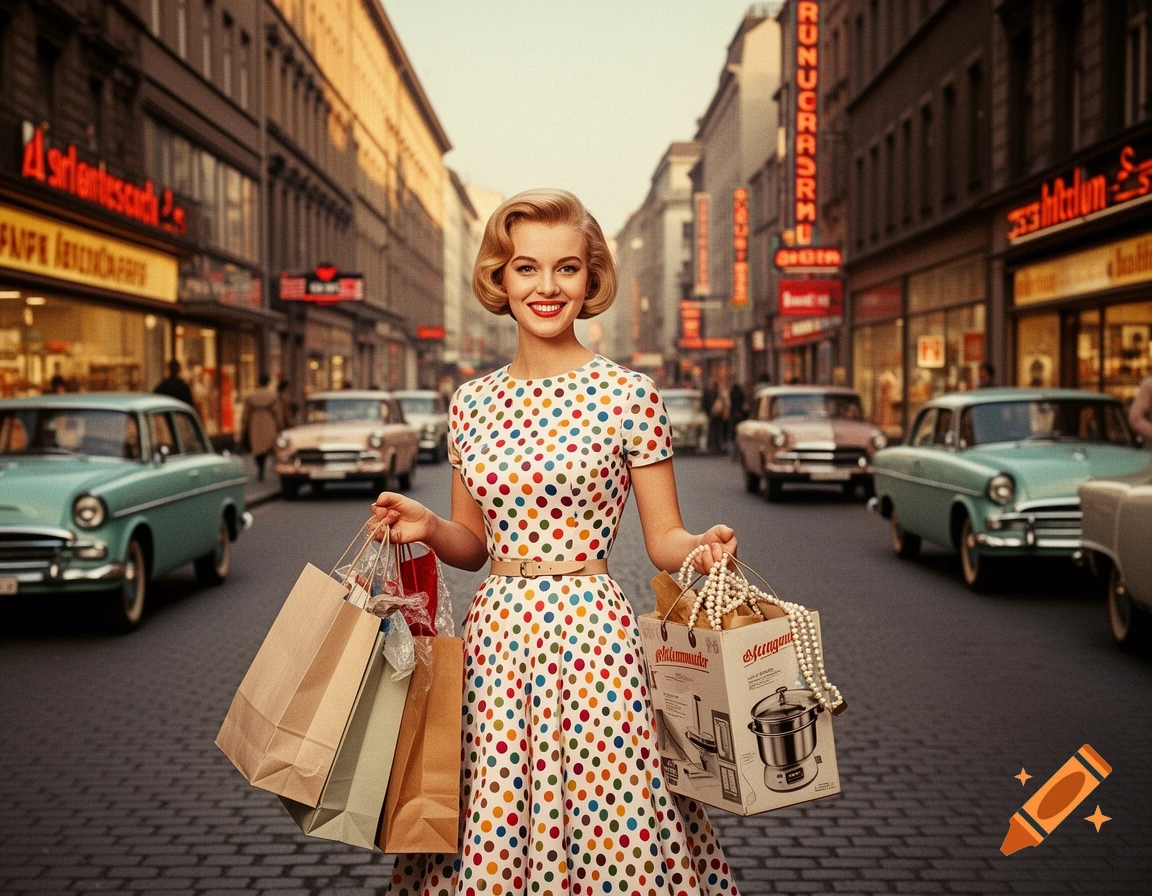 A smiling woman in a polka-dot dress carries shopping bags on a retro city street with vintage cars and storefronts.
