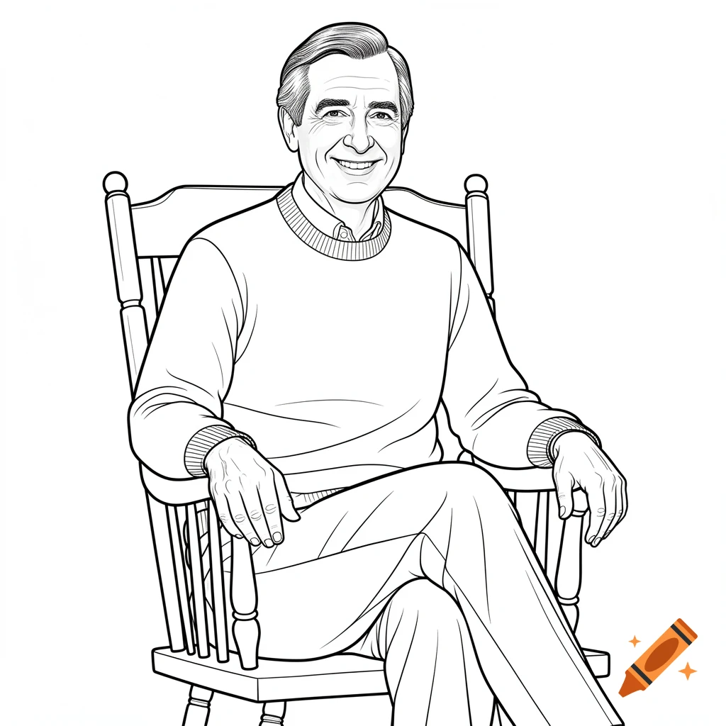 Line art of Fred Rogers smiling while sitting in a wooden rocking chair, with clear black outlines and white fill.