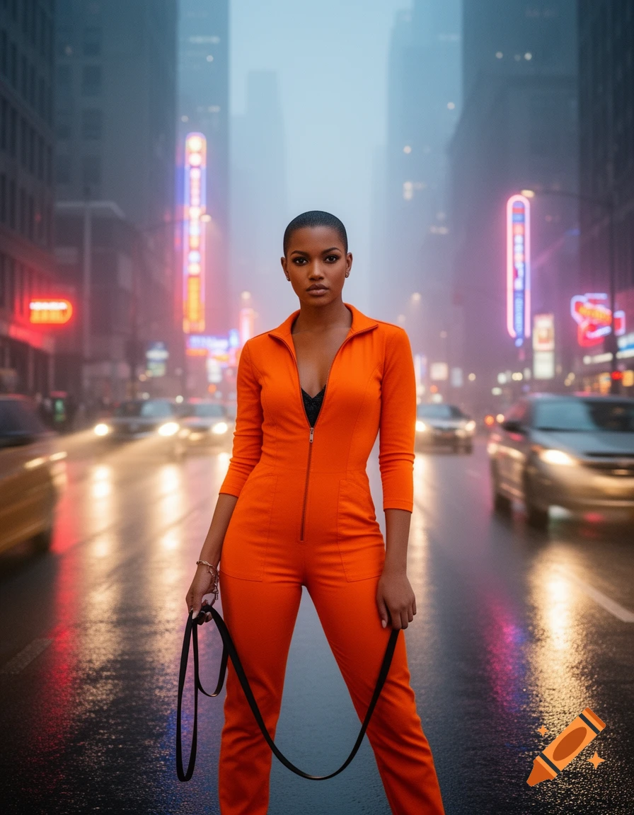 A woman in an orange jumpsuit holds a leash on a wet city street at night with blurry neon lights and cars.