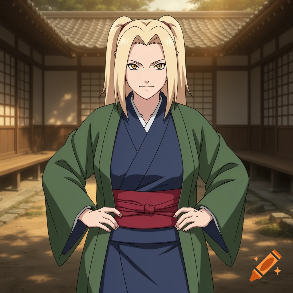 An anime character with blonde hair in pigtails and yellow eyes, wearing a green kimono over a dark blue one with a red obi, stands in a traditional Japanese courtyard.