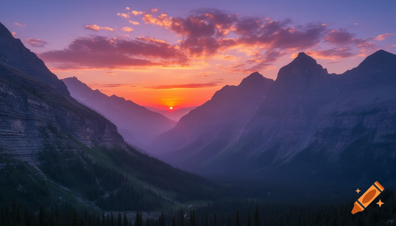 A vibrant sunset with an orange sun low in the sky, casting a warm glow on clouds, above dark mountains and a forested valley.