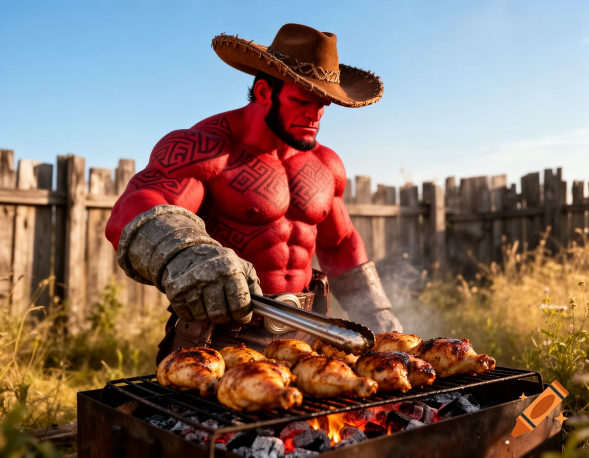 A photorealistic image of Hellboy wearing a cowboy hat and large gauntlet, grilling chicken drumsticks on a barbecue outdoors by a wooden fence.