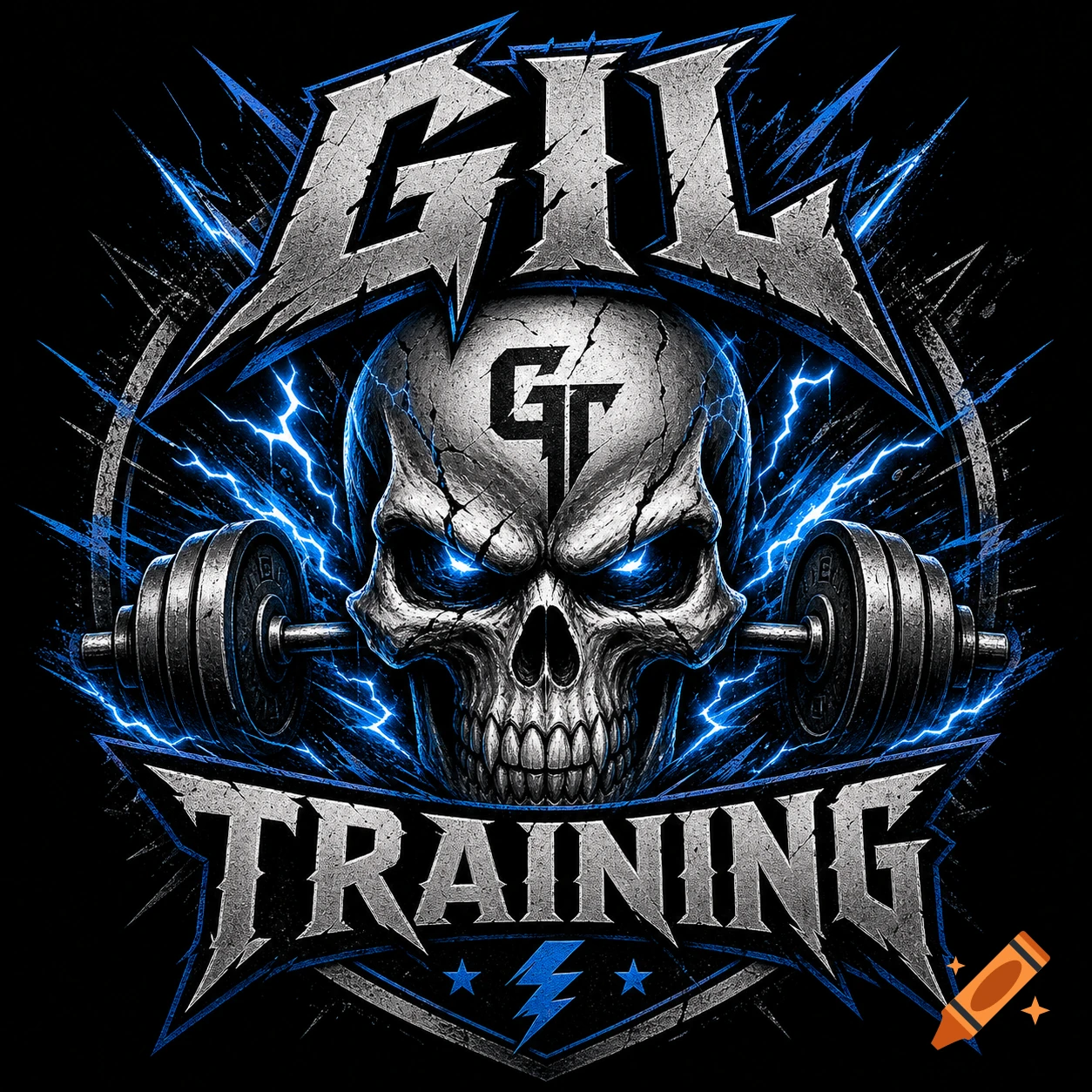 A grunge-style logo featuring a skull with glowing blue eyes, dumbbells, lightning, and 'GIL TRAINING' text.