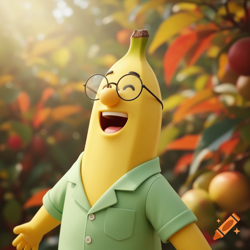 A happy 3D cartoon banana character in glasses and a green shirt laughs in a vibrant outdoor setting.