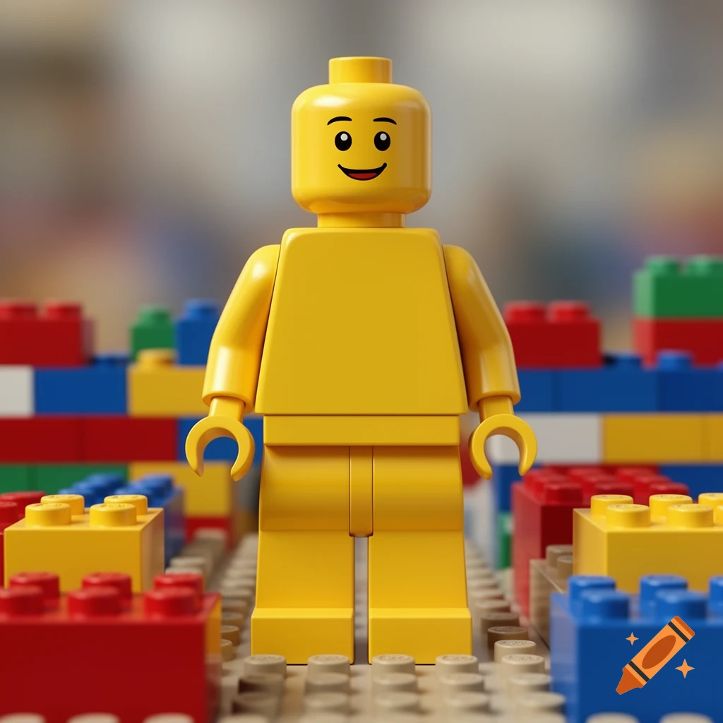 A smiling yellow Lego minifigure stands among colorful Lego bricks.