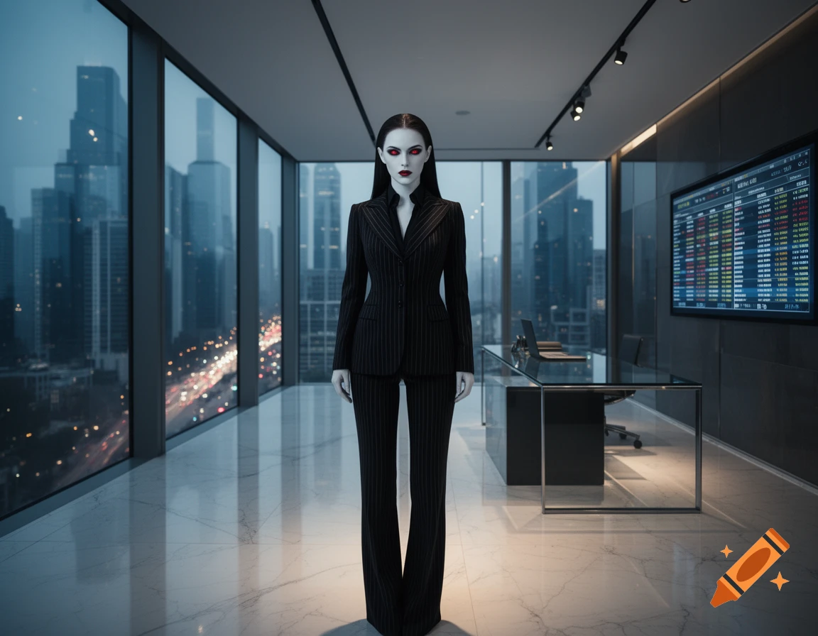 A vampiric woman in a black pinstripe suit stands in a sleek office with a city skyline and stock market screen.