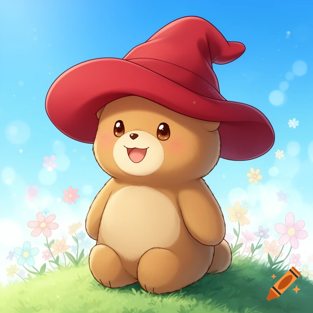 A cute, smiling brown bear wearing a red wizard hat sits in a grassy field with colorful flowers under a bright blue sky, in a cartoon style.