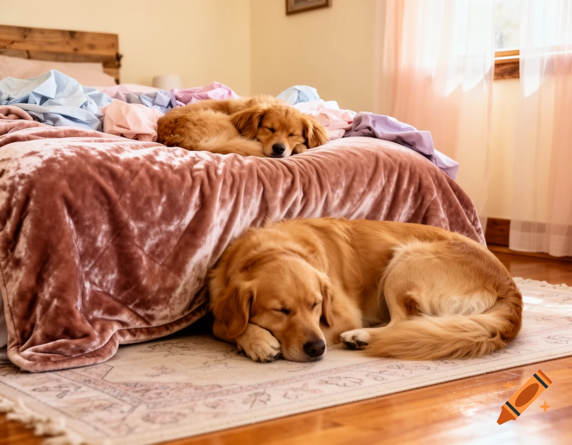 Two golden retriever dogs sleeping peacefully, one on a pink velvet bed and the other on a rug on the wooden floor.