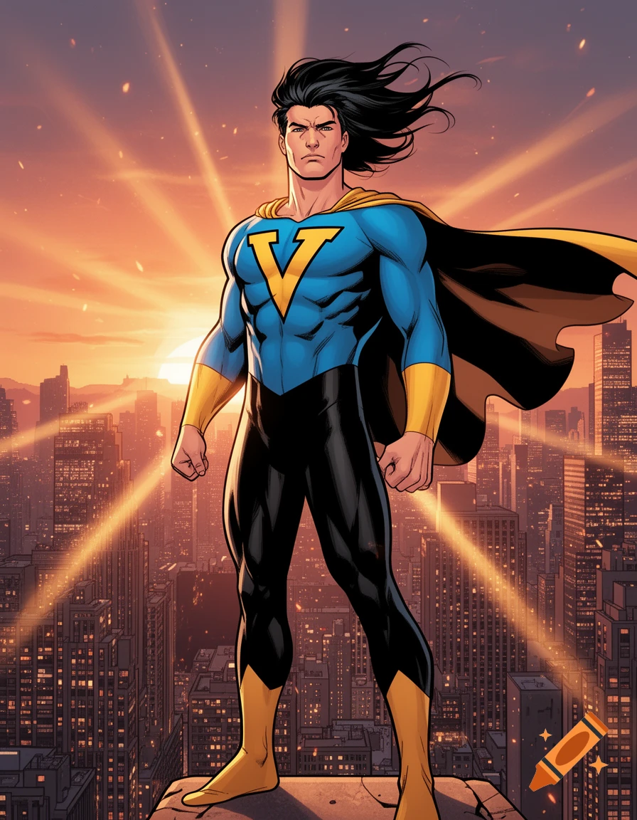 A superhero in a blue, black, and gold suit with a V emblem on his chest stands on a rooftop overlooking a city at sunset, comic book style.