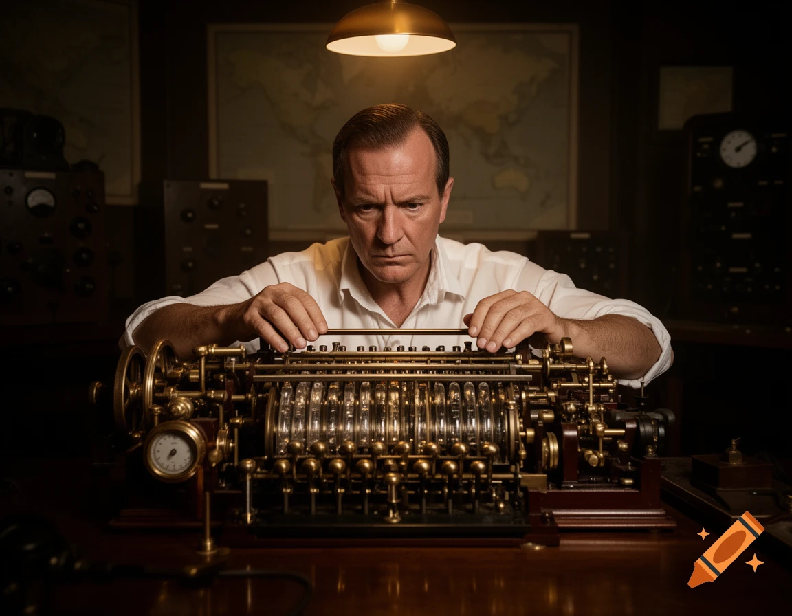 A serious man in a white shirt operates an intricate brass vintage machine under a warm lamp in a dimly lit room.