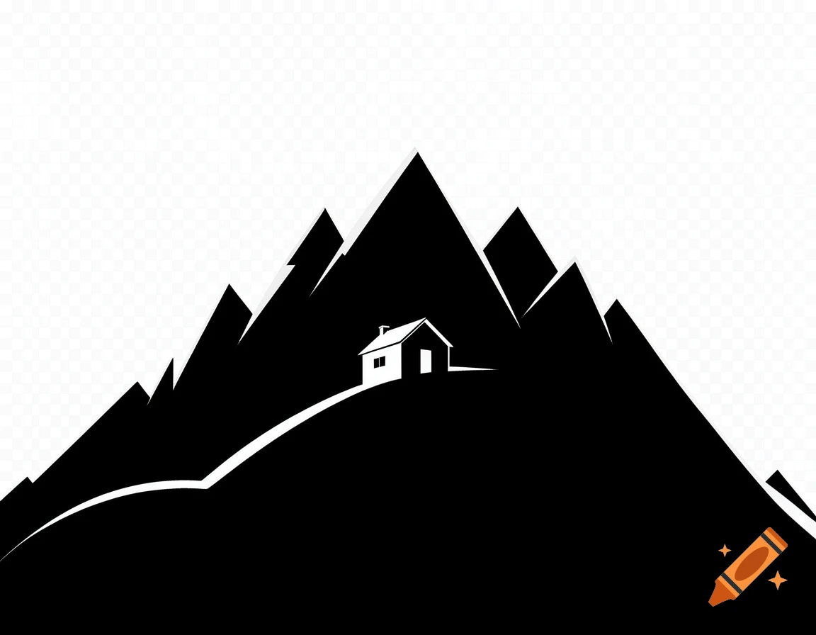 Black and white silhouette of a house on a mountain range with a transparent background.