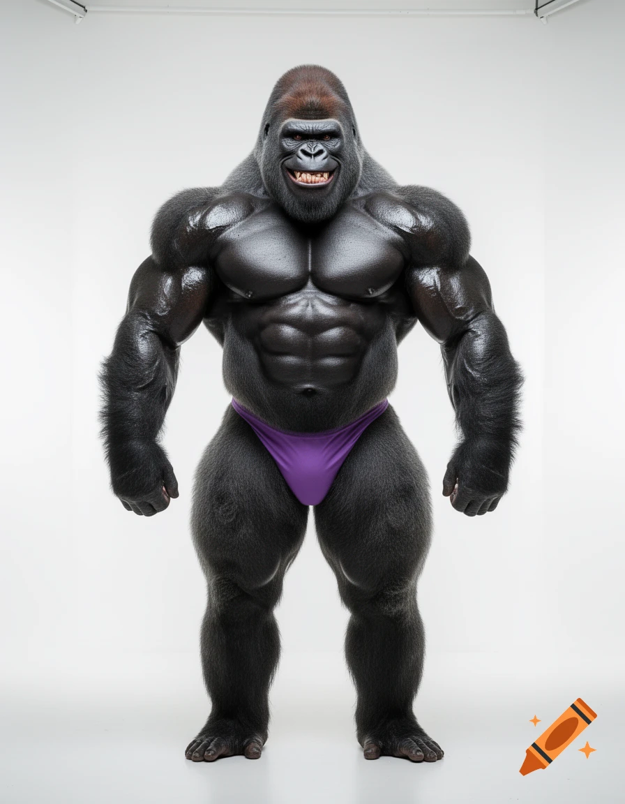 A hyper-muscular anthropomorphic gorilla in a purple posing thong stands against a white background, smiling arrogantly.