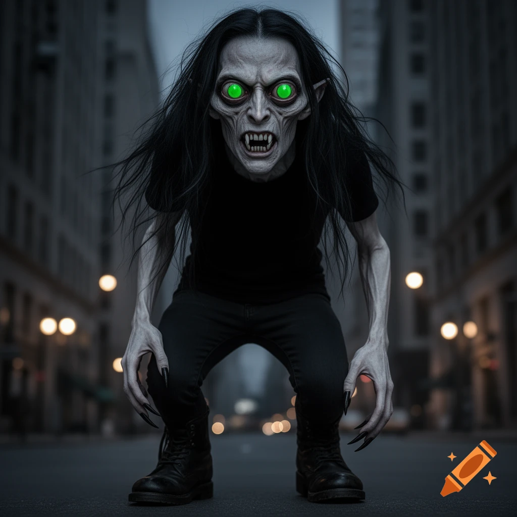 A scary, pale-skinned vampire monster with glowing green eyes, long black hair, and claw-like hands, crouching in a dark city street.