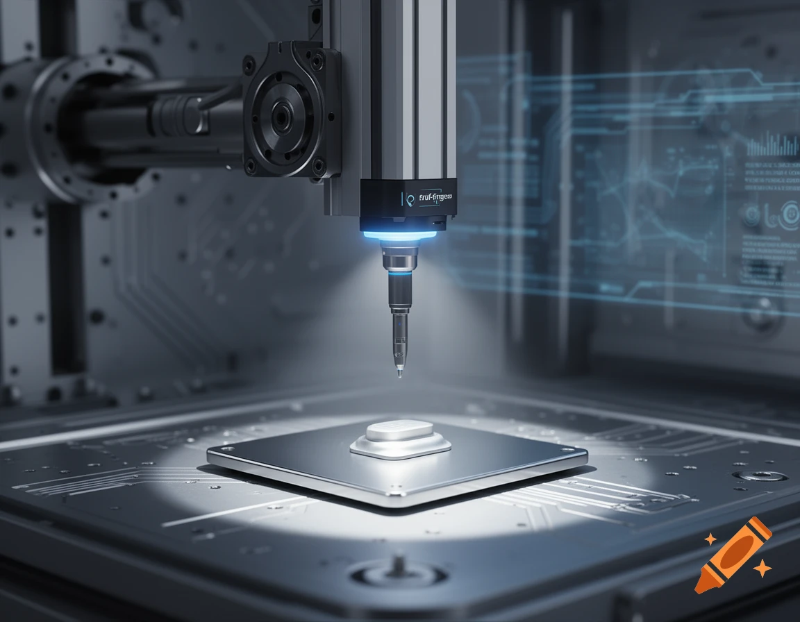Photorealistic industrial machine with a probe testing a component on a metal platform, blue light, digital interface.