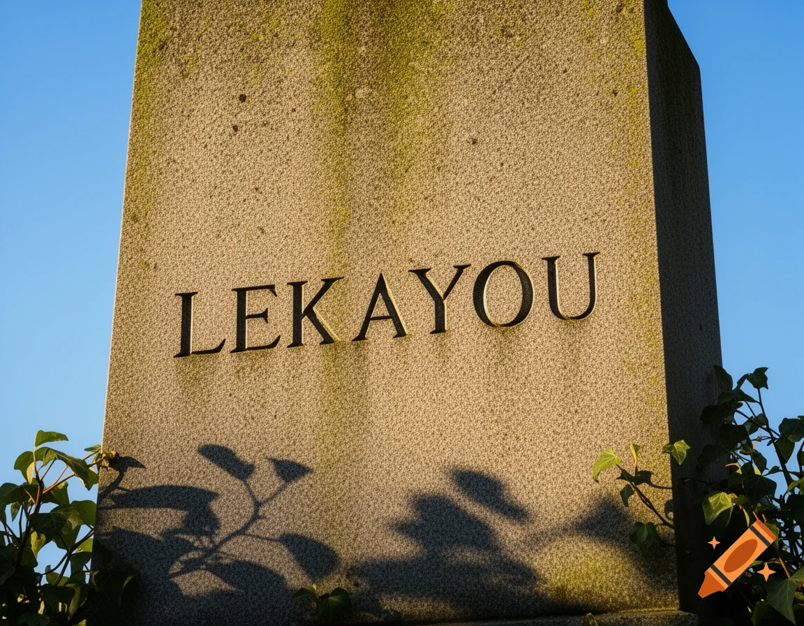 Close-up of a weathered stone monument with 'LEKAYOU' carved into it, partially covered by ivy, against a clear blue sky.