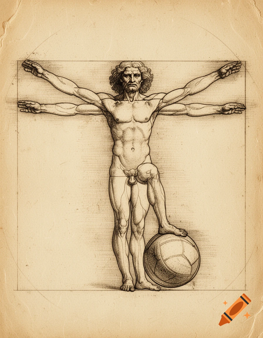 Pencil illustration in the style of Vitruvian Man, showing a male figure with a footballer's body and a ball, on aged paper.