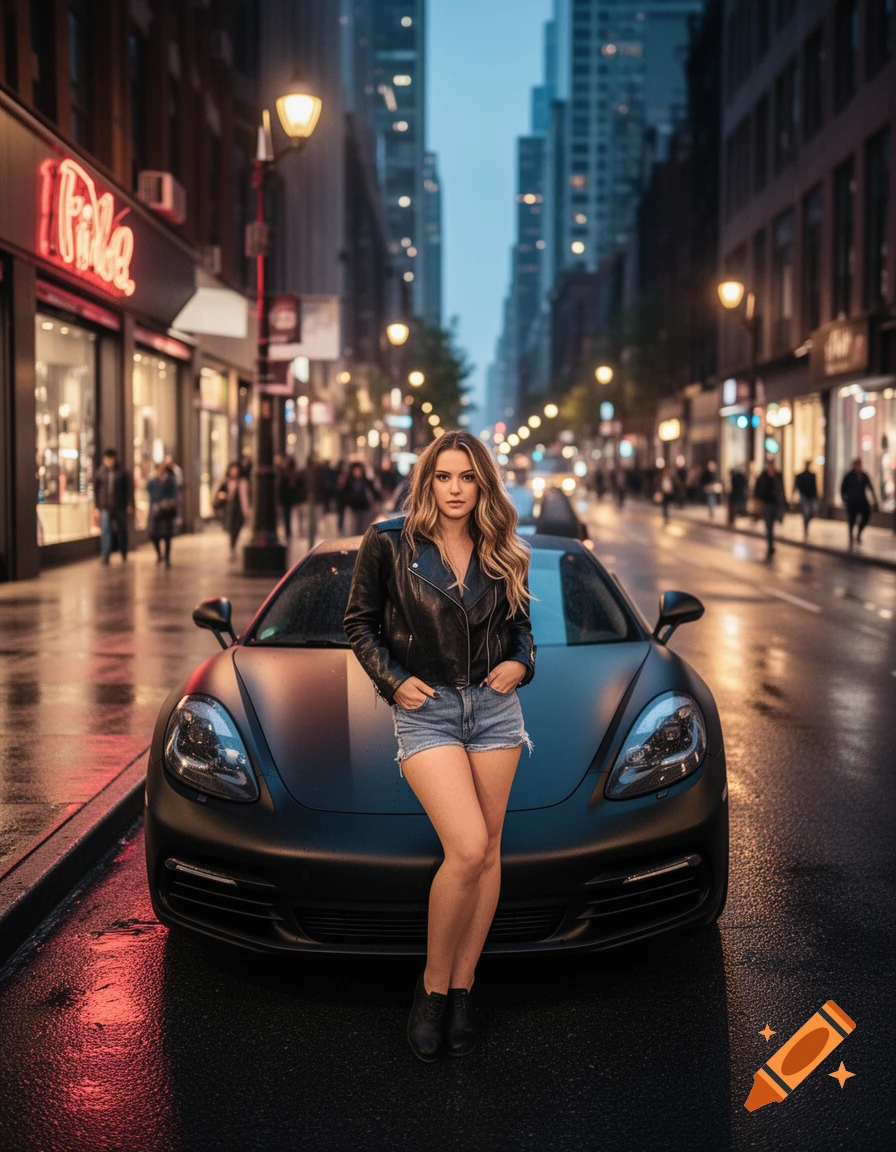 A woman in a black leather jacket and denim shorts leans against a matte black sports car on a wet city street at dusk, with neon signs in the background.