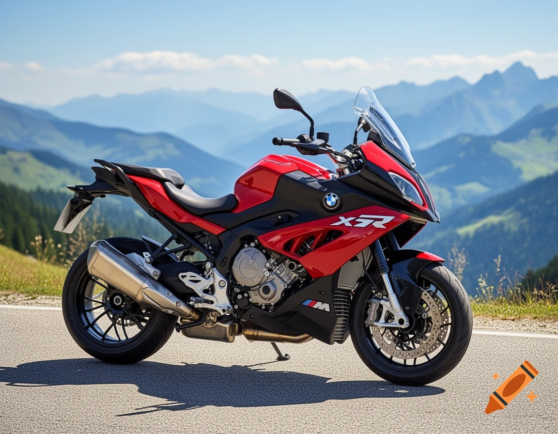 A red and black BMW sport touring motorcycle with a silver exhaust pipe is parked on a winding road with majestic mountains under a clear sky in the background.