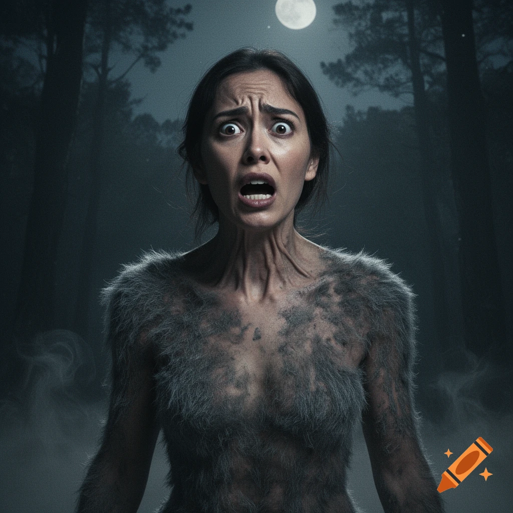 A photorealistic image of a terrified woman with fur growing on her body, standing in a dark forest under a full moon.