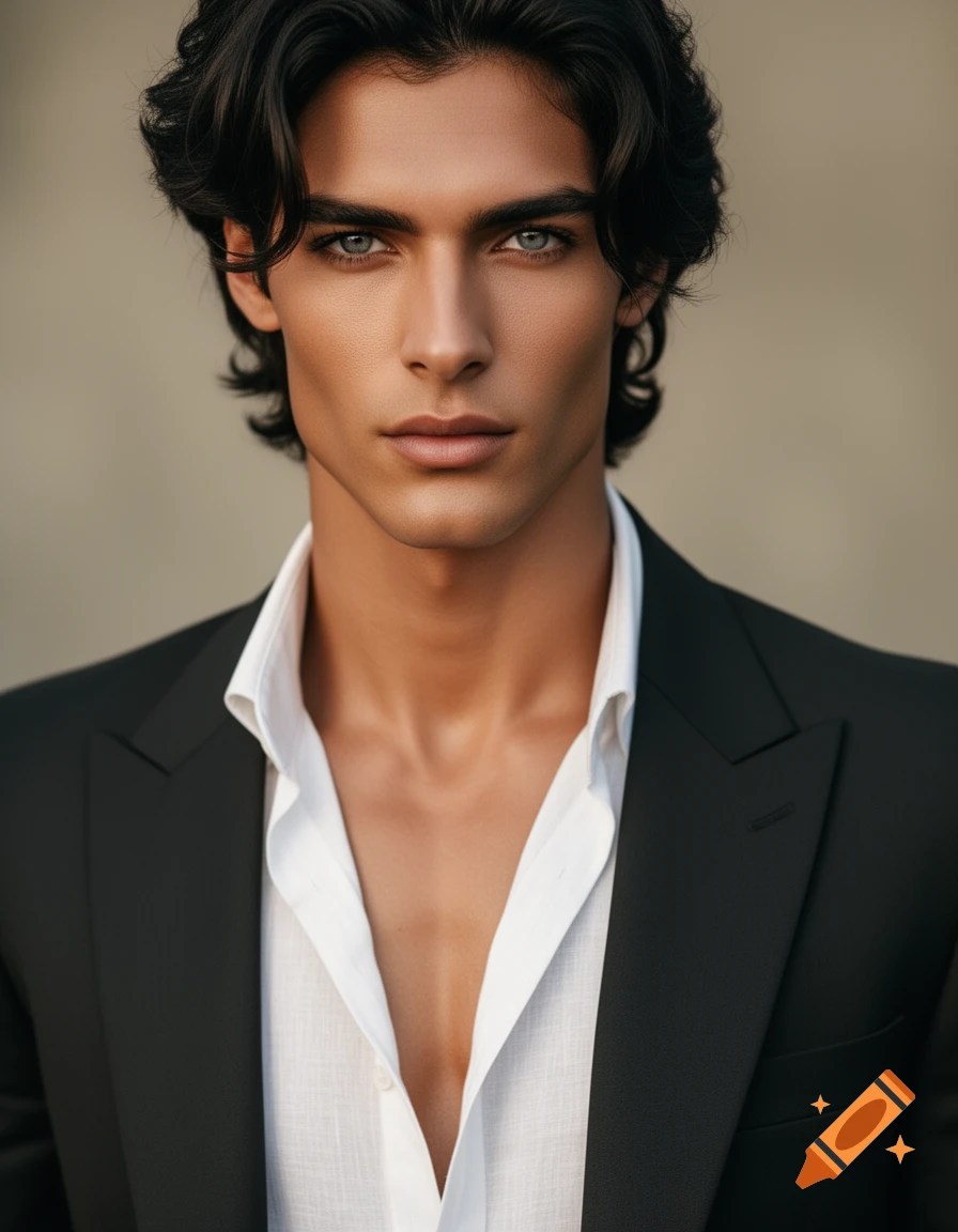 Close-up portrait of a man with dark wavy hair and light blue eyes, wearing an unbuttoned white shirt and black blazer.