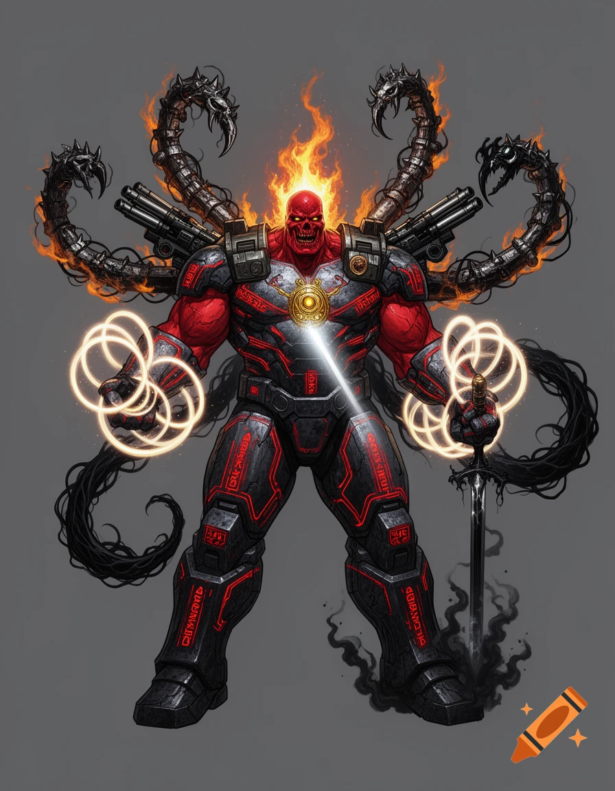 A towering, muscular red-skinned monster in black and red armored suit with a flaming skull head. It has four mechanical tentacle arms, miniguns, glowing energy rings, a chest amulet, and holds a dark sword, against a gray background.