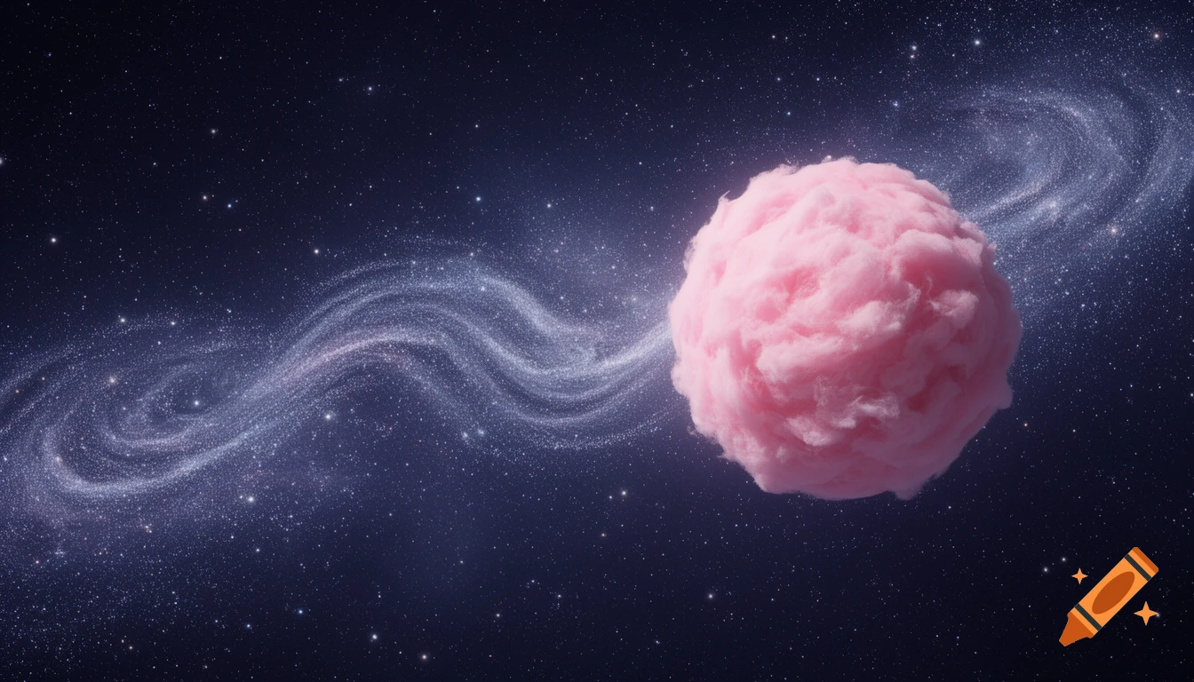A large, fluffy pink sphere resembling cotton candy floats in dark, starry space with a swirling nebula.