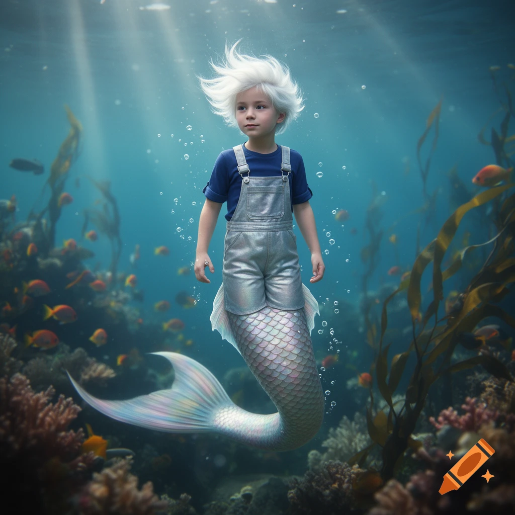 A young boy with white, spiky hair and a shimmering mermaid tail wears blue shirt and metallic shorts, swimming in a vibrant coral reef.