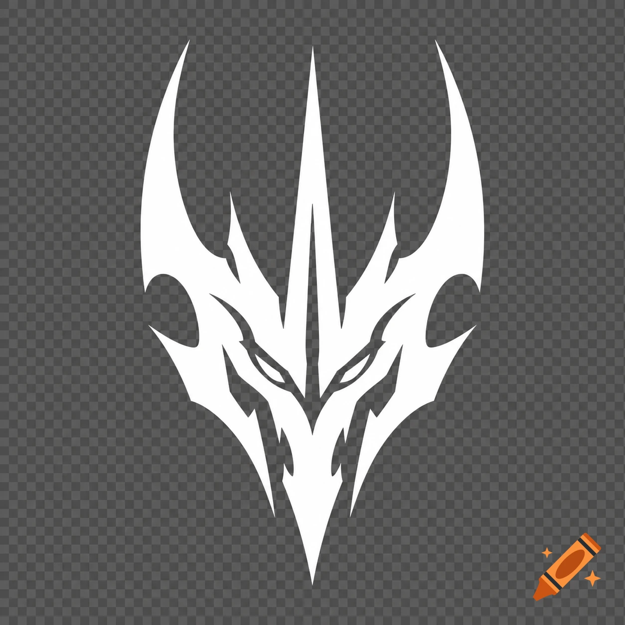 White stylized demon face logo on a transparent background.