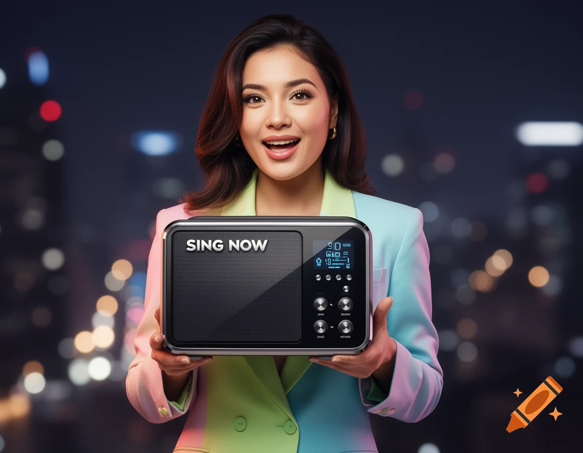 A smiling woman in a colorful blazer holds up a black karaoke box with "SING NOW" displayed on it against a blurred city night background.