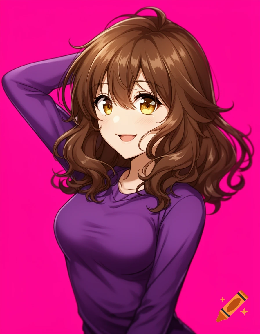 Anime girl with brown wavy hair and hazel eyes, wearing a purple top, against a hot pink background.