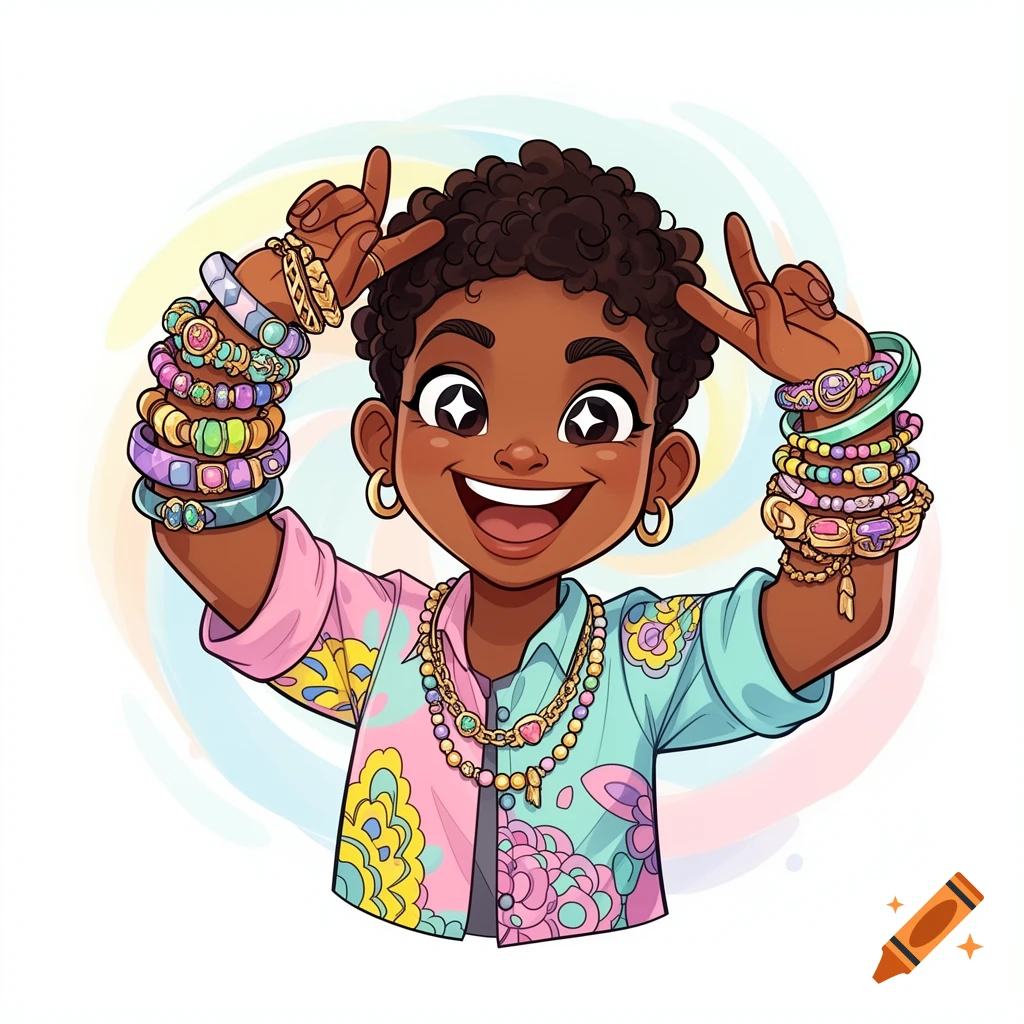 A smiling cartoon person with dark curly hair and a colorful patterned shirt, holding hands up to show off many vibrant bracelets.