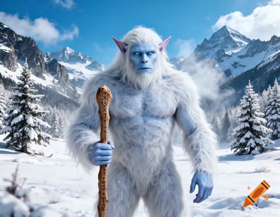A majestic white-furred yeti-elf with blue skin and glowing eyes holds a runic staff in a snowy mountain landscape under a bright blue sky.