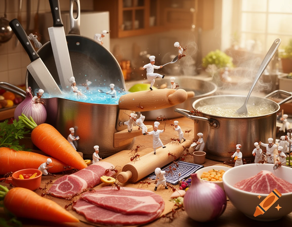 Miniature chefs and ants busy in a whimsical kitchen with oversized ingredients and utensils, photorealistic.