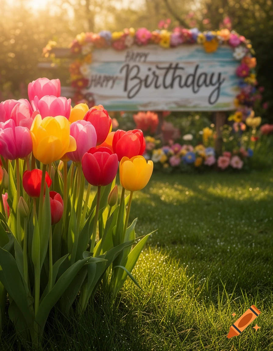 Vibrant red, pink, and yellow tulips in a sunny garden with a 'Happy Birthday' sign in the background.