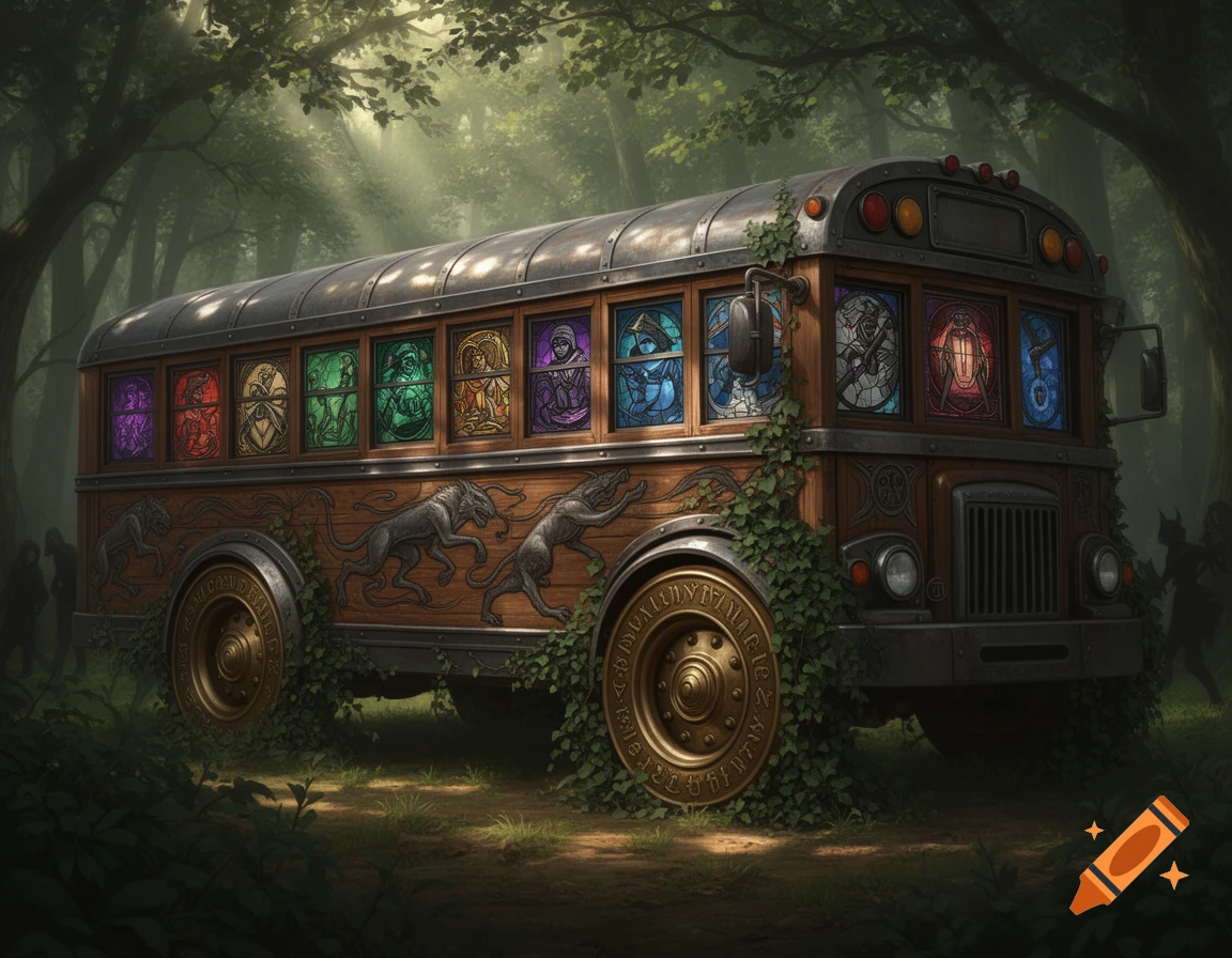A stylized, overgrown school bus with wood paneling, ornate wolf carvings, and stained-glass windows, parked in a mystical forest with sunbeams filtering through the trees.