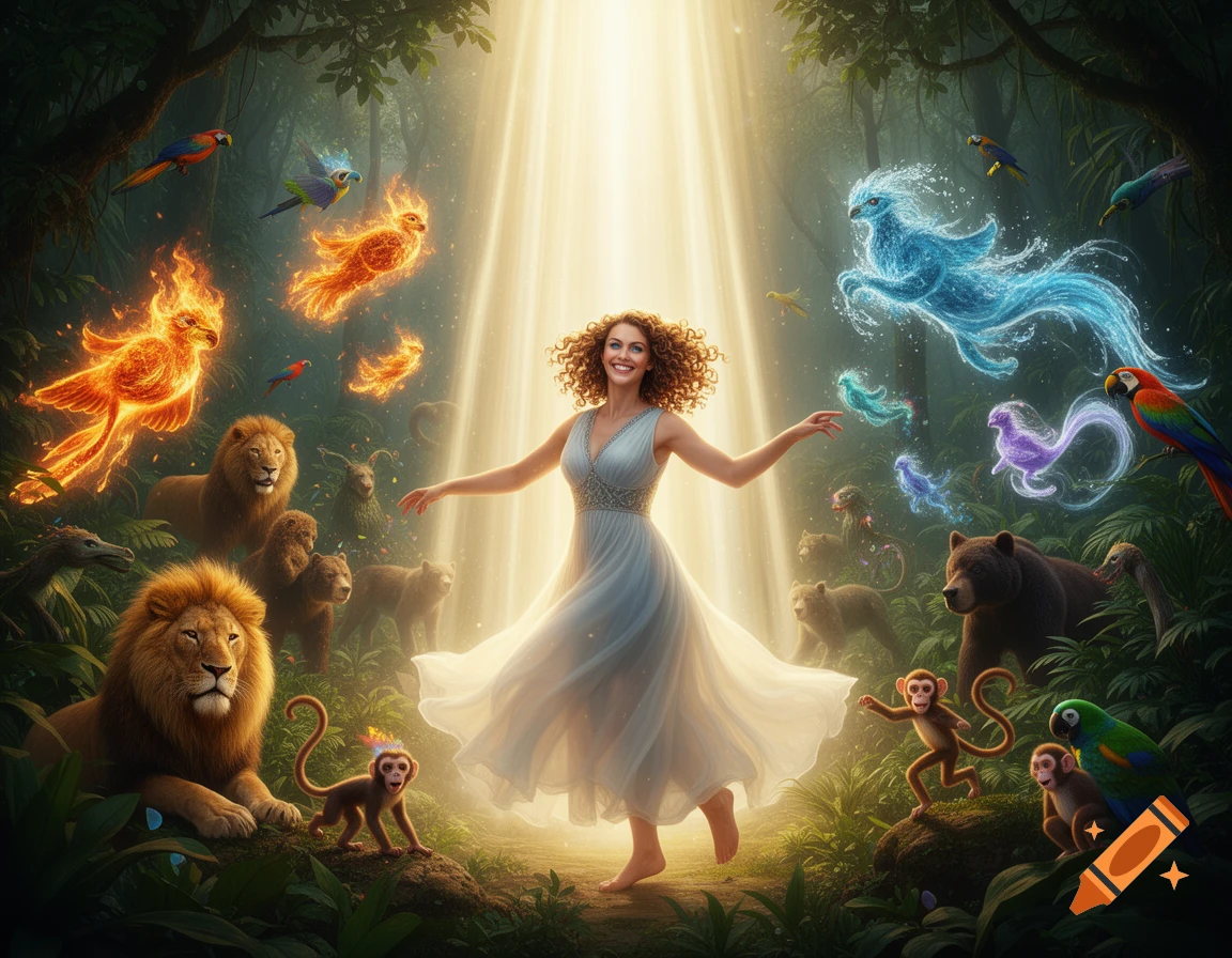 A smiling woman in a flowing white dress surrounded by elemental spirits and animals in a magical jungle with a radiant light beam.