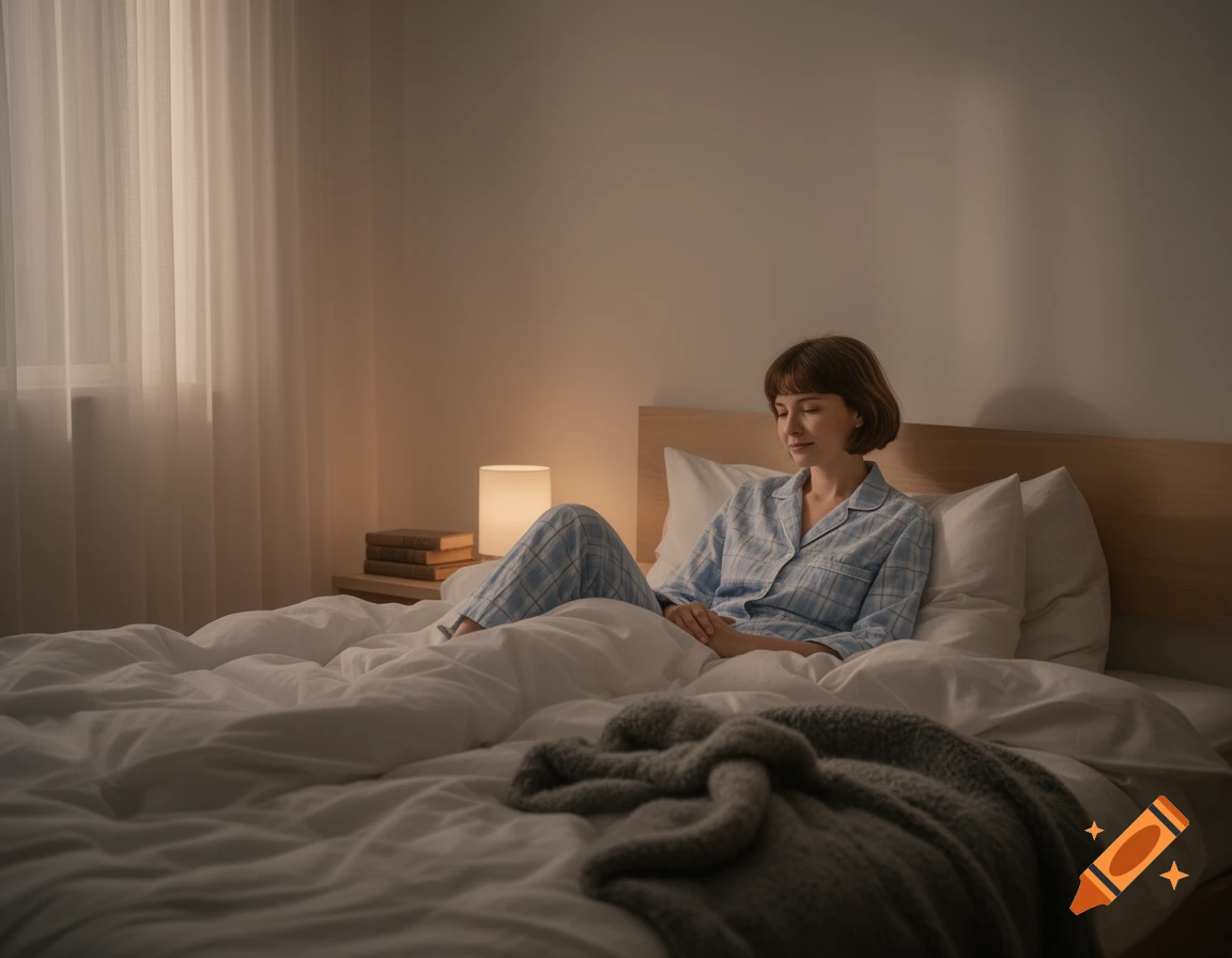 A woman in blue plaid pajamas sits comfortably in a bed with white sheets and a grey blanket, illuminated by a warm lamp.