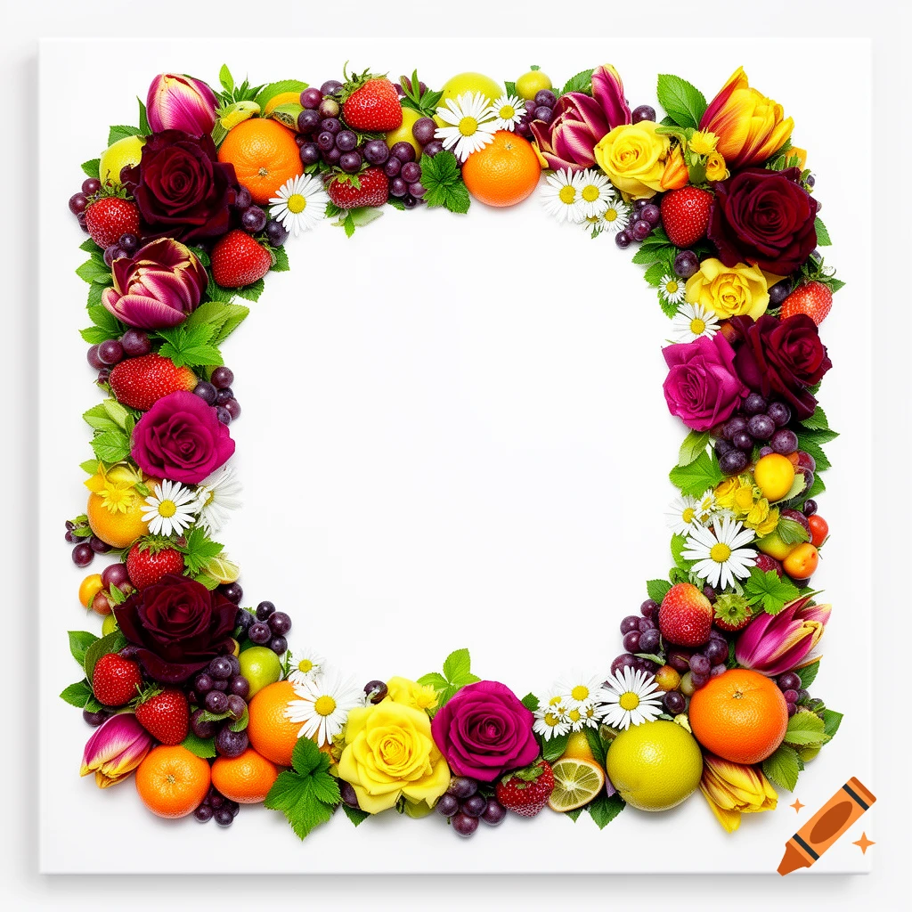A vibrant square frame made of red roses, yellow tulips, purple grapes, strawberries, oranges, and white daisies on a white background.
