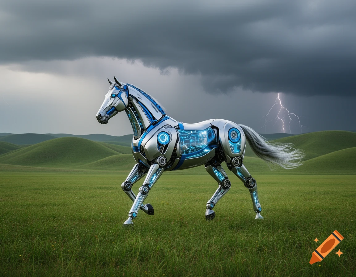 A majestic robotic horse gallops through rolling green hills under a stormy sky with a lightning strike.