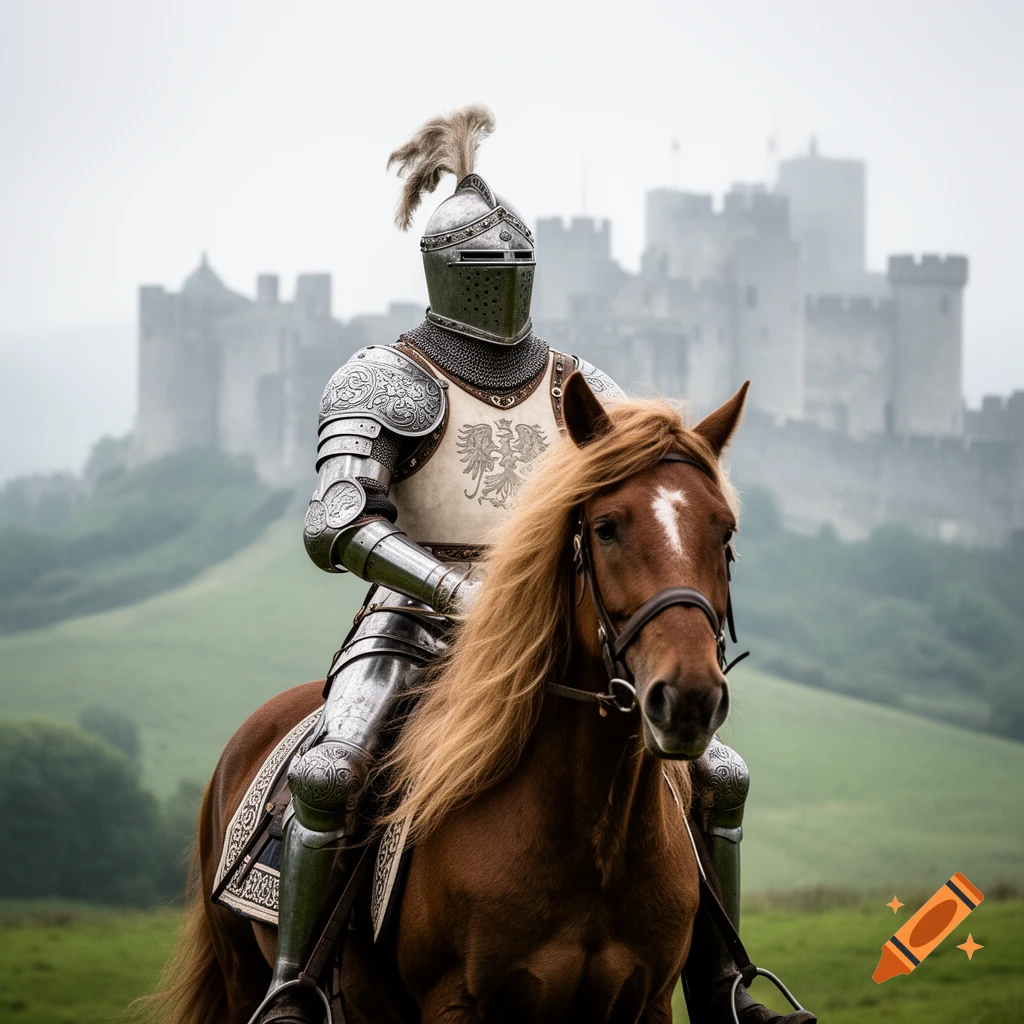 Photorealistic knight in full plate armor on a brown horse, with a foggy castle on a hill in the background.